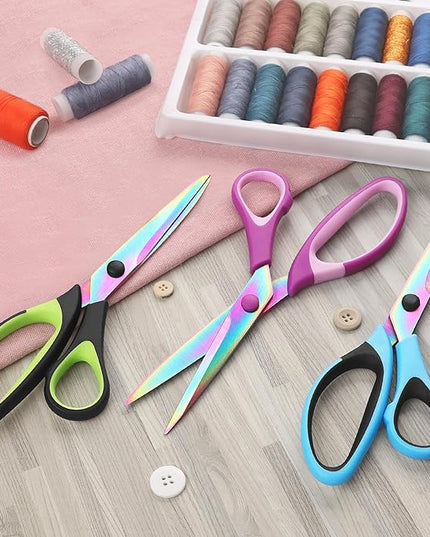 Uaugulft Sewing Scissors, Sharp Titanium Coating Blades, Soft Grip Handle, Multi-Purpose Scissors Set of 3 Suitable for Families, Office, and School Use, Blue Black, Purple Pink and Green Black