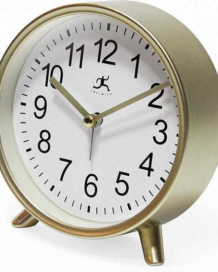 Infinity Instruments Tabletop Alarm Clock Decorative Cute 5.75 inch Face Modern Round Analog Easy-to-Read Matte Gold Small