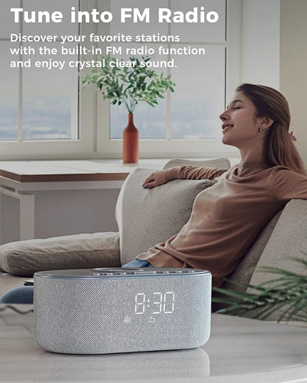 Wireless Charging Alarm Clock Radio: Qi Certified Fast Wireless Charger for iPhone Samsung - 10W Stereo Bluetooth Speaker - Dimmable Digital Clock with FM Radio for Bedroom Gray