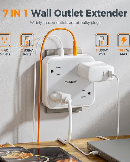 Multi Plug Outlet Extender, TESSAN Surge Protector Splitter with 3 USB (1 USB C Port) Wall Charger, Multiple Expander for Travel, Home, College Dorm Room