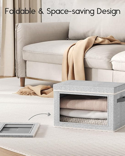 Collapsible Storage Bins with Lids - Stackable Storage Containers with Window, 3 Pack Fabric Bins for Closet, Home & Office Organization Baskets, Light Gray, 14.9" x 9.8" x 9.8"