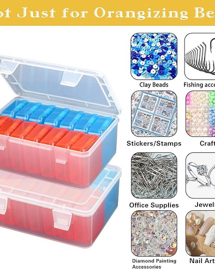 Mathtoxyz Small Bead Organizers(Red, Blue), 30 Pieces Plastic Storage Cases Mini Clear Bead Storage Containers Transparent Boxes with Hinged Lid and Rectangle Clear Craft Supply Case