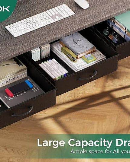 AODK 53 Inch L Shaped Computer Desk with Drawers, Corner Desk with Power Outlets & Reversible Storage Shelves, for Home Office Gaming, Oak Grey