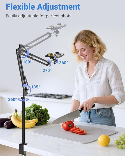 Overhead Camera Mount, Desk Camera Mount with 360° Adjustable Arm and Phone Holder for DSLR Cameras/iPhone/Webcam/Ring Light, Desk Phone Stand for Video Recording,Zoom Meeting,YouTube,TikTok