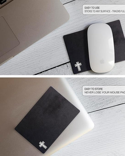 Mouse Pad Adhesive Bottom - Sticks to Any Surface - Portable - Webcam Covers and Screen Cleaner Included (Cross-Black)