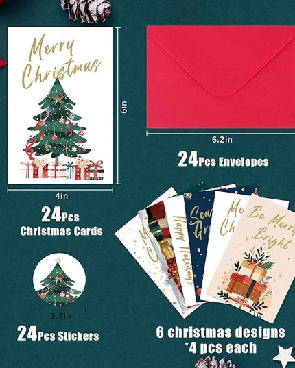 FUHITIM Christmas Cards Assortment, 24 Pcs Greeting and New Years Cards with 6 Designs for Christmas, Holiday, New Year Gift (4x6 Inch)
