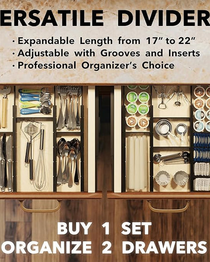 SpaceAid Bamboo Drawer Dividers with Inserts and Labels, Kitchen Adjustable Drawer Organizers, Expandable Organization for Home, Office, Dressers, 7 Dividers with 15 Inserts (17"-22" Black)