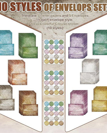 TaoBary 160 Pcs Stationery Paper Set 50 Double Sided Stationery Papers with 50 Matching Envelopes and 60 Round Dot Sticker, 10 Design (Vintage,8.25 x 5.5 Inch)