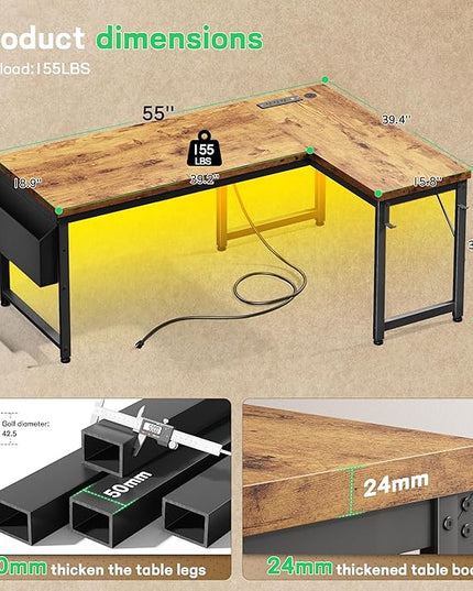L Shaped Desk with 0.95 Inch Thicker Desktop & Storage Bag, Computer Desk with Power Outlets & Lights, Reversible Gaming Desk for Home Office, Corner Desk, Study Room, Living, Bedroom, Brown