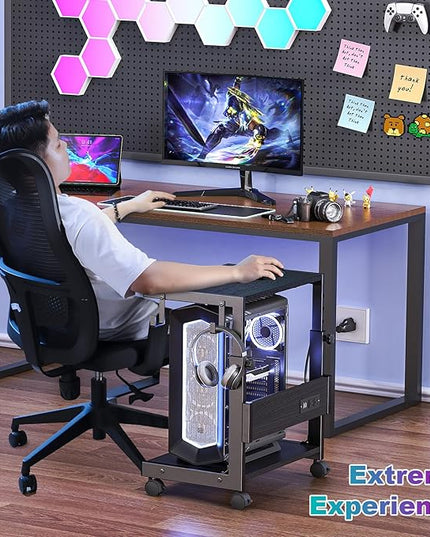 Computer Tower Stand with Charge Station and USB Charging Port - Height Adjustable PC Tower Stand, Under Desk CPU Holder Cart with Locking Caster Wheels for Fits Most PC