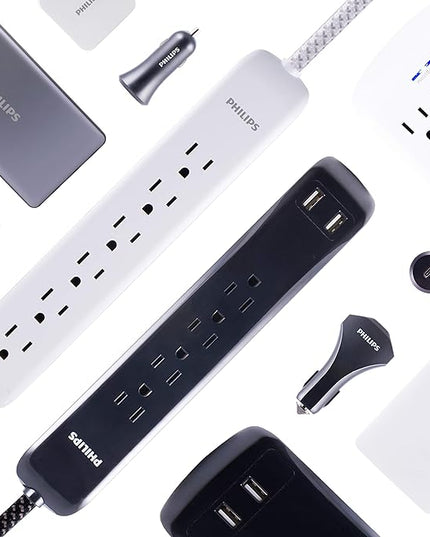 Philips 4 Outlet Power Strip Surge Protector with 2 USB Ports, 4 Ft Power Cord, Designer Braided Extension Cord, Flat Plug Extension Cord, 720 Joules, White, SPC6244WC/37