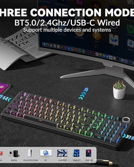 AULA F99 Pro Wireless Mechanical Keyboard-Silent Version,BT5.0/2.4GHz/USB-C Hot Swappable Custom Keyboard,Gasket Structure,Pre-lubed Linear Switches RGB Backlit Computer Gaming Keyboards,Black
