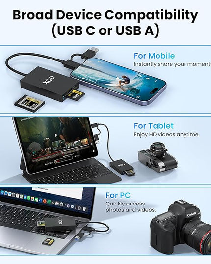 USB 3.0 XQD+SD Card Reader, 2-in-1 USB A and Type C 5Gbps Memory Card Reader with 2 Slots XQD/SD Compatible with Sony G/M Series, Lexar Mark Cards, Sony G Series, for Windows/Mac OS/Linux, Black