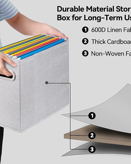 4 Packs Letter Size File Organizer, File Folders Organizer, Fabric Storage Box, Collapsible Paper Organizer with Metal Handle, Smooth PVC Rails, Only Box (Light Gray)