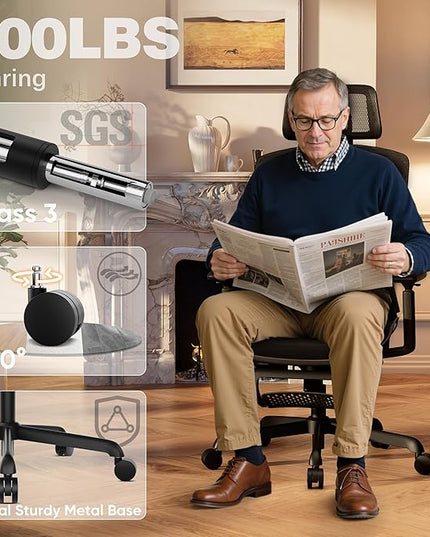 ELABEST T96E Ergonomic Mesh Office Chair with Adjustable Headrest & Footrest,Sturdy Computer Desk Chair - Adjustable Lumbar Support & Armrests,Comfort Wide Seat,Swivel Home Office Chair