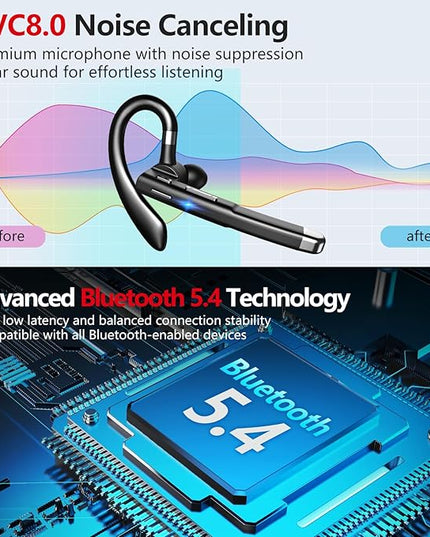Bluetooth Headset, 100Hrs Talk Time Dual Noise Cancellation Wireless Earpiece, V5.4 Built-in Mic & Mute Button 270° Rotatable Hands Free Headphones with 500mAh Charging Case for Business/Driving