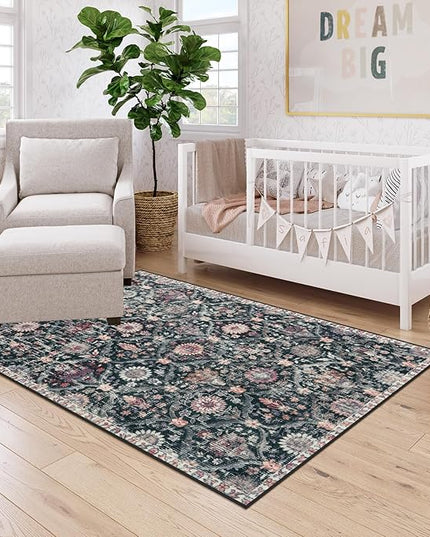 Lahome Moroccan Machine Washable Rugs for Living Room, 4x6 Rug for Bedroom Non-Slip Vintage Trellis Ultra-Thin Throw Carpet for Dining Room Office Nursery, Black/Multi