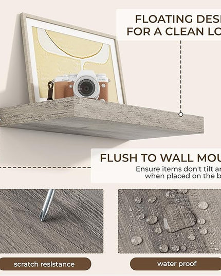 RICHFOCUS 16Inch Floating Shelves for Wall 2 Pack Shelves for Bedroom|Kitchen|Bathroom Wall Mounted Rustic Wood Floating Shelf with Invisible Brackets for Books|Storage|Decor, Grey