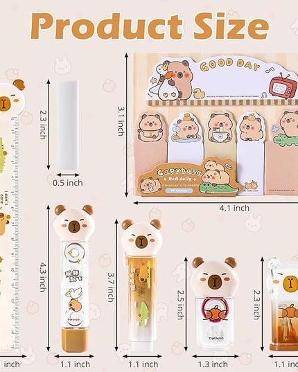 Kogcmeetl 7Pcs Cute Capybara Stationary Set Kawaii School Supplies Japanese Stationery, Includes Pencil Sharpener, Eraser, Correction Tape, Glue Tape, Sticky Notes, Ruler, for Office School Supplies