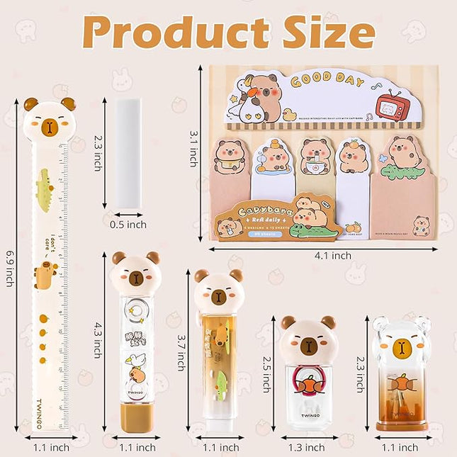 Kogcmeetl 7Pcs Cute Capybara Stationary Set Kawaii School Supplies Japanese Stationery, Includes Pencil Sharpener, Eraser, Correction Tape, Glue Tape, Sticky Notes, Ruler, for Office School Supplies