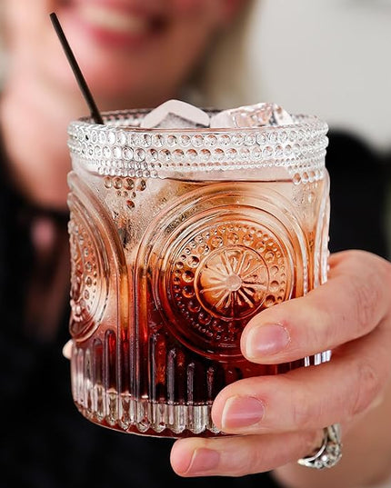 Ribbed Retro Arch Floral Clear Drinking Glasses Set of 6, (10 oz) Vintage Glassware Set by Kate Aspen| Cocktail Glass Set, Juice Glass, Water Cups | Great Hostess Gift & Gift for New Home Owners
