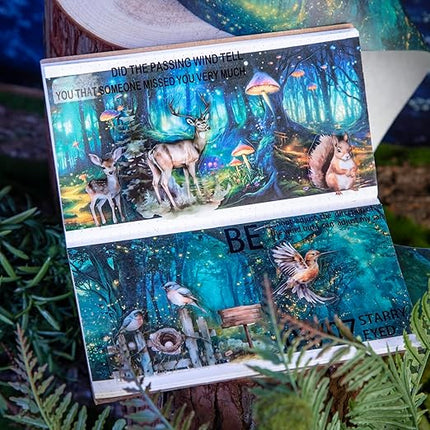 AuriicLeaf Night Forest Seamless Washi Tape Scrapbook Kit – 6 Rolls with Starry Sky, Fairy Woods & Twilight Designs for Journaling, DIY Crafts, Gift Wrapping, Card Making, Decoration, 3.15in Wide