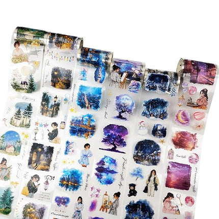 AuriicLeaf Moonlit PET Tape Set, 6Rolls Pre-Cut Night Scenery Stickers for Scrapbooking & Journaling, Includes Clip, Large Size, Ideal for Collage, DIY Crafts