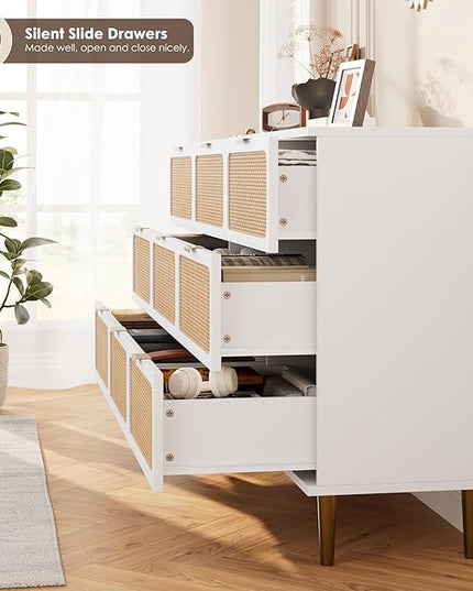 Garvee Rattan Dresser with 9 Drawers, Tall Modern Closet with Deep Storage, Large Chest of Drawers with Wide Top, Long Wooden Dresser for Bedroom, Living Room, Hallway, Kids Room, White