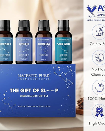 Majestic Pure, Restful Night Essential Oil Gift Set | 100% Pure & Natural Set for Soothing Nighttime and Self-Care Rituals | Lavender, Ylang Ylang, Cedarwood, Chamomile - Pack of 4