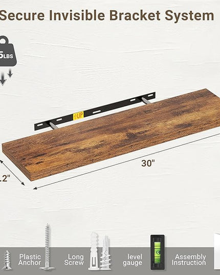 Vivelove 10 Inch Deep Floating Shelves 30 inch Long, 30 x 10 Wide Wall Shelves with Invisible Brackets, for Bedroom Bathroom Living Room Kitchen Office, Farmhouse Home Decor, Set of 2, Rustic Brown