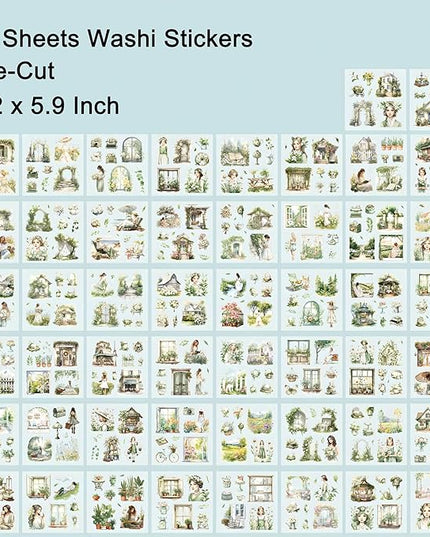 YagCu Garden Journal Stickers, 50 Sheets Washi Junk Journaling Sticker Book, Scrapbook Supplies, Watercolor Scrapbooking for Adults, Green Decorative Ephemera Arts Craft