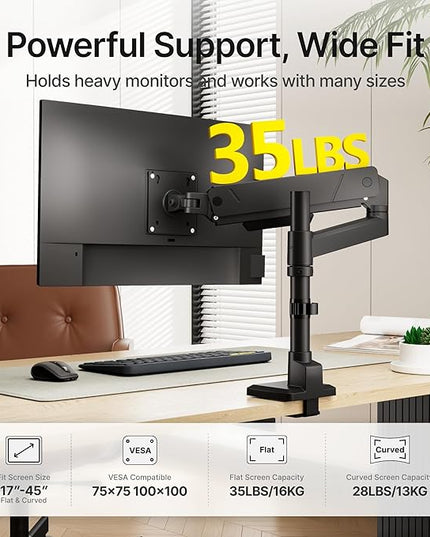 monTEK Tall Single Monitor Arm for 17 to 45 Inch Curved Screen Adjustable Upgraded Heavy Duty Ultrawide Monitor Arm Holds 35 Lbs Cable Management with C Clamp, Grommet Base, VESA 75/100mm, MA1007PBK