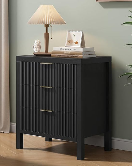 LSKTGA 3 Drawer Dresser, Chest of Drawers Organizer with Waveform Panel, Large Fluted Dresser with Wide Drawers and Golden Handles, Wood Storage for Bedroom, Hallway, Entryway, Black