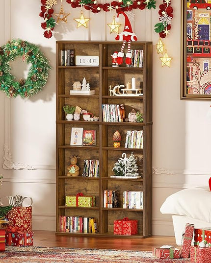 LELELINKY 7 Tier Tall Display Cabinet, Brown Media Storage Cabinet with Adjustable Shelves, Free Standing DVD Organizer Shelf, Floor Multimedia Storage Manga Bookshelf for Living Room & Home Office.