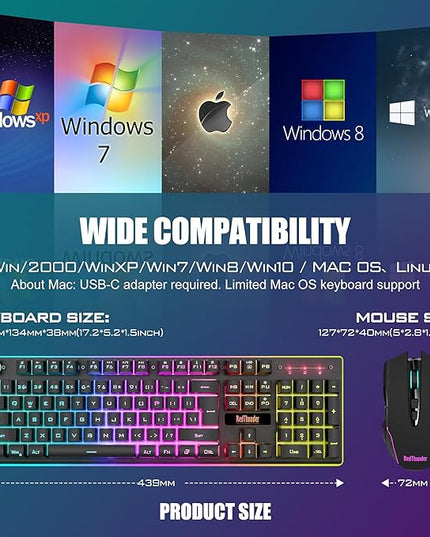 RedThunder K10 Wireless Gaming Keyboard and Mouse Combo, RGB Backlight Rechargeable 3800mAh Battery, 26-Key Anti-ghosting Keyboard + 7D 3200DPI Mice for PC Gamer