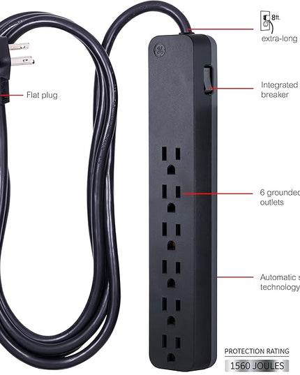 GE Pro 6-Outlet Surge Protector, 8 Ft Extension Cord, 1560 Joules, Power Strip, Flat Plug, Integrated Circuit Breaker, Wall Mount, UL Listed, Black, 37052