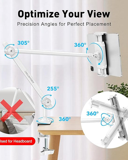 AboveTEK Tablet Stand Holder for Desk & Bed, Aluminum iPad Holder Arm with 360° Rotating Clamp, Adjustable Phone Stand Compatible with 4.7"-13.5" iPad Pro/Air/Mini, iPhone, Galaxy Tab- White