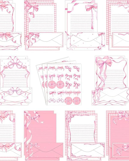 TaoBary 160 Pcs Stationery Paper Set 50 Double Sided Stationery Papers with 50 Matching Envelopes and 60 Round Dot Sticker, 10 Design(Pink Bow,8.5 x 11 Inch)