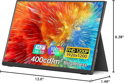 MNN Portable Monitor 14 inch FHD 1920 * 1200P USB C HDMI Ultra-Slim IPS Travel Display w/Speakers, HDR Plug&Play, External Monitor for Laptop PC, Phone,Mac(400cd/m² Brightness)