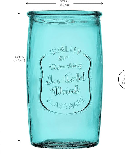 Glaver's Highball Glasses Set of 4 – 20oz Artistic Ice-Cold Pretty Blue – Vintage Glassware with Embossed Logo – Beverage Drinking Glasses for Water, Juice, Cocktails. Hand Wash.
