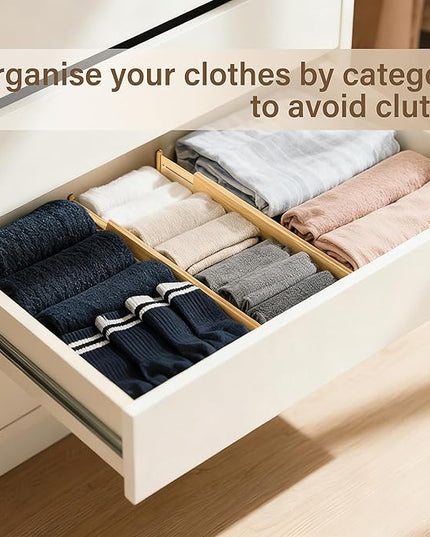 Bamboo Drawer Divider Set of 4, Adjustable Spring-Loaded Drawer Organizer (16.9"-22.2"), 2.3" Height, Suitable for Kitchen, Desk, Bathroom, Clothing, and Miscellaneous Drawer Organization, Natural