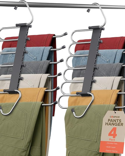 Space Saving Pants Hangers 4 Pack, 6 Layer Jeans Hangers and Closet Organizer for Jeans, Scarves, & Skirts, Multi-Layer Hanger with Anti-Slip Stopper, Heavy-Duty S-Type Stainless Steel, Gray