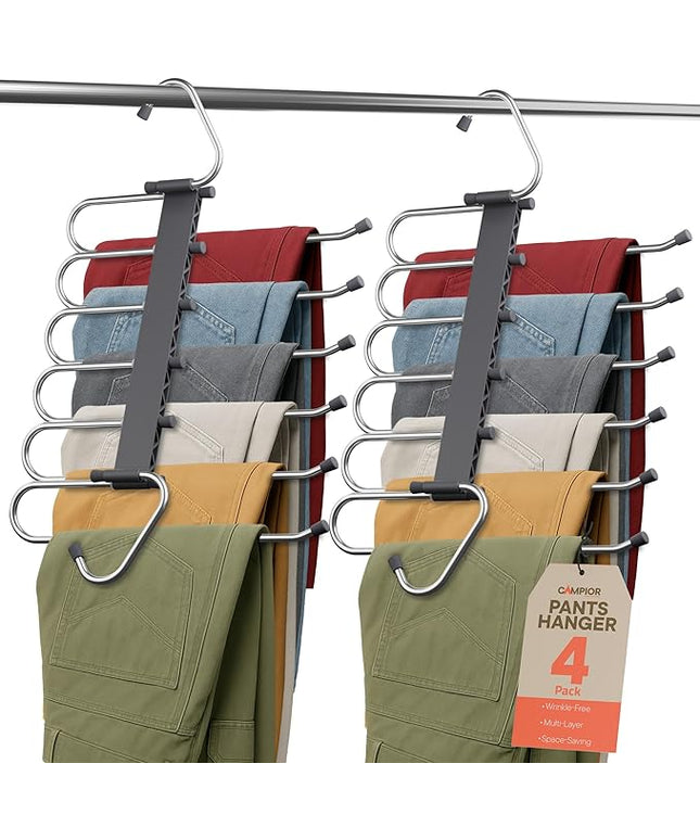 Space Saving Pants Hangers 4 Pack, 6 Layer Jeans Hangers and Closet Organizer for Jeans, Scarves, & Skirts, Multi-Layer Hanger with Anti-Slip Stopper, Heavy-Duty S-Type Stainless Steel, Gray