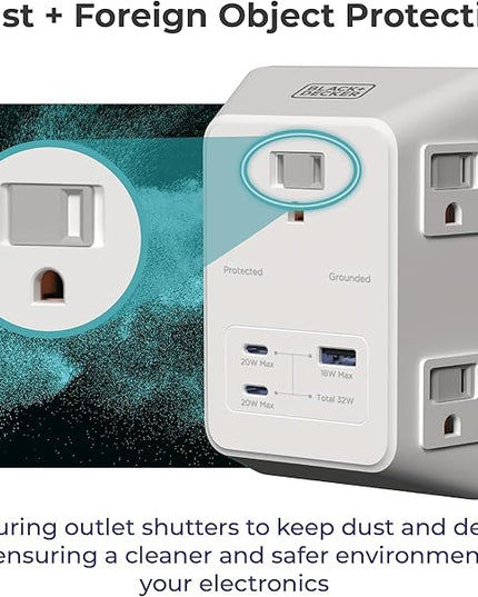 BLACK+DECKER PD USB Wall Charger Surge Protector, 5 Outlet Extender w/ 2 USB C PD & 1 USBA Charging Ports, Fast Charge 3 Sided Power Strip Multi Plug Outlets Wall Adapter for Home Office, ETL Listed