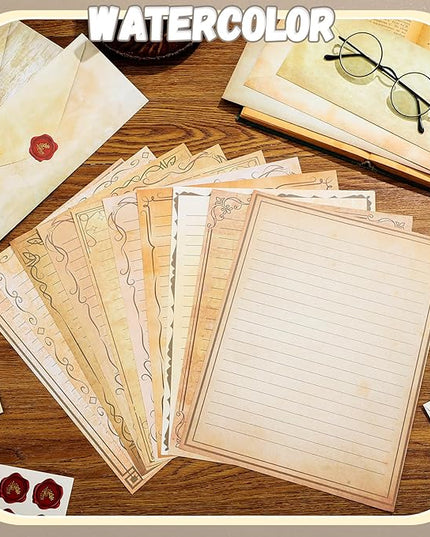 TaoBary 160 Pcs Stationery Paper Set 50 Double Sided Stationery Papers with 50 Matching Envelopes and 60 Round Dot Sticker, 10 Design(Light Vintage,8.5 x 11 Inch)