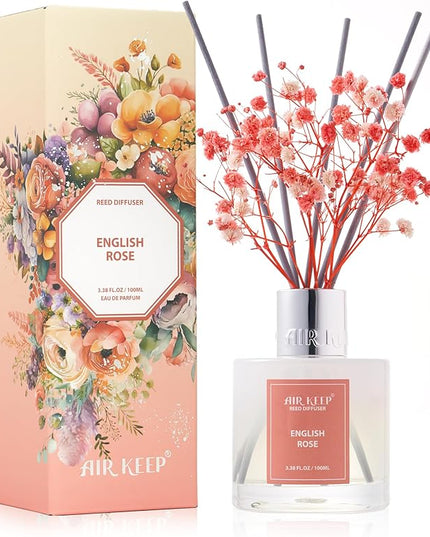 Airkeep Reed Diffuser Set,3.38 fl oz (100 ml) - English Rose Oil Diffusers with 8 Reed Sticks, Home Fragrance Reed Diffuser for Bathroom Shelf Decor