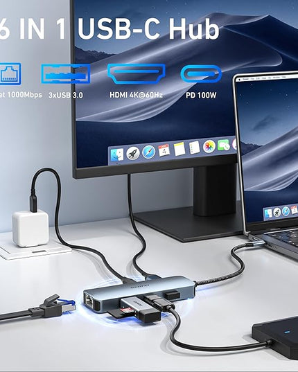 BENFEI USB C HUB 6-in-1 with HDMI(4K@60Hz), Gigabit Ethernet, 100W Power Delivery, 3*USB 3.0, Silicone Cable, Aluminum Case Compatible with iPhone 15 Pro/Max, MacBook, iPad Pro, iMac, S23, XPS17
