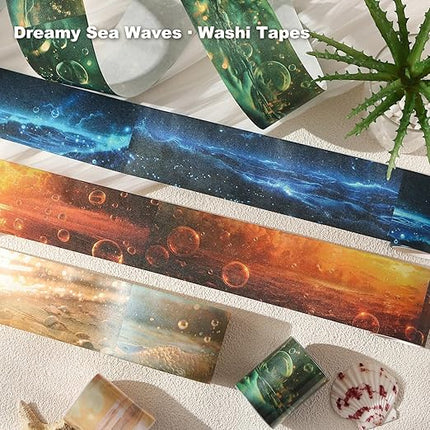 AuriicLeaf Ocean Fantasy Washi Tape Set – 6 Rolls with Dreamy Sunset, Wave and Bubble Patterns for Scrapbook, Journal, DIY Cards, with Mini Clip