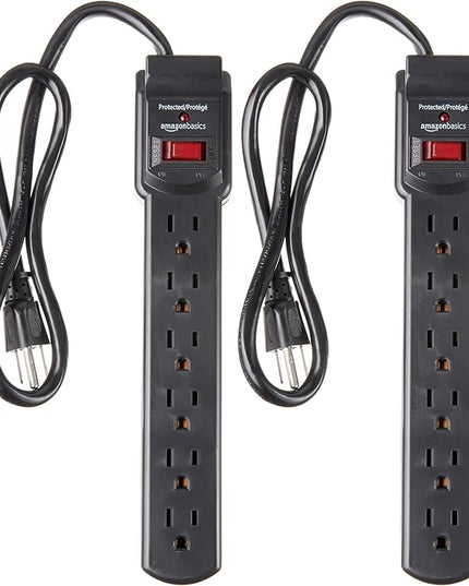 Amazon Basics 6-Outlet Surge Protector Power Strip with 200J Protection, Circuit Breaker, 2ft Extension Cord, Black, 2-Pack