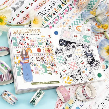 55 Rolls Holiday Washi Tape Set - Decorative Tape Seasonal Bohemian Colored Tape, Cute Washi Tapes for Journaling Supplies, Scrapbooking Supplies kit, Summer Scrapbook Supplies